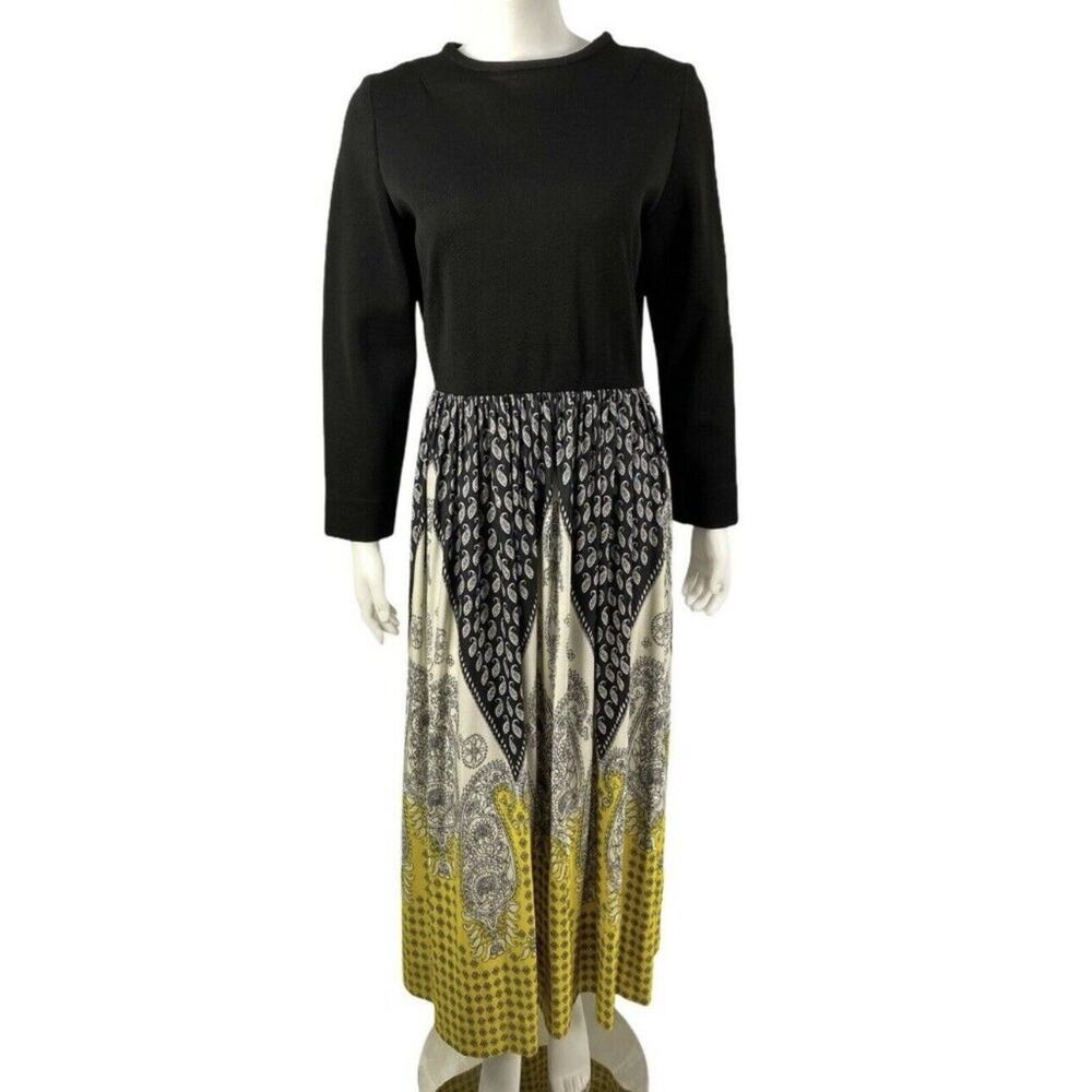 Vintage 70s Dress Size Medium Hostess Maxi Union Made Black Yellow Mod Print